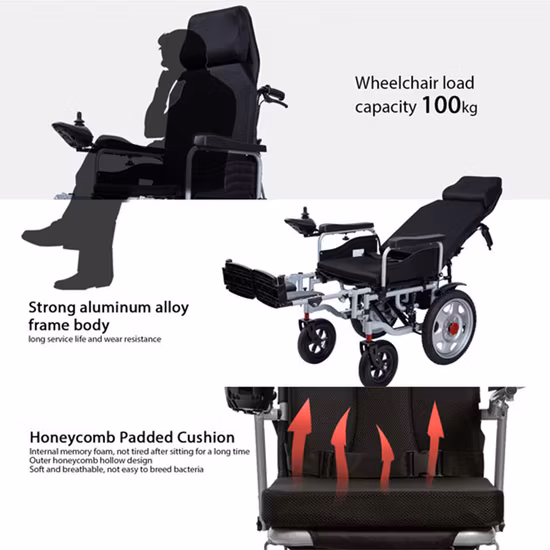 접이식 전자 휠체어 재활 치료 용품 노인 및 장애인을위한 하이 백 리클라이닝 장애인 전동 휠체어